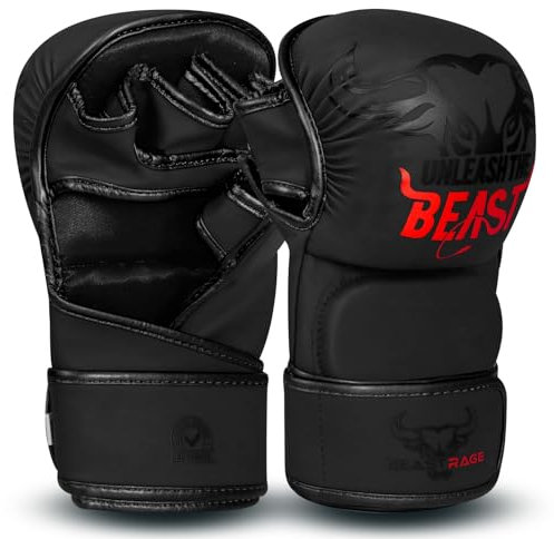 BEAST RAGE MMA-Handschuhe für Männer und Frauen, verstellbare Handgelenkstütze, offene Handfläche, Kampfsporthandschuhe, Grappling, Sparring für Muay Thai, Käfigkampf, Kampf, Taekwondo, Kickboxen, Box