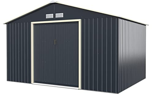 GOPLUS Gerätehaus 8,67㎡, 340 x 255 x 210 cm Geräteschuppen aus Metall mit Satteldach, 4 Lüftungsfenster & Schiebetür, Metallschuppen für Garten & Terrasse