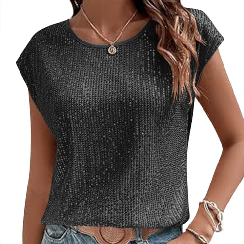 Onsoyours Canotta Donna con Paillettes Canotta Gilet Donna Canottiera Estiva Camiciola Senza Maniche Scintilla Glitter Lustrini Tank Top Camicia Maglietta T-Shirt Discoteca A Nero S