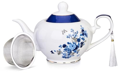 London Boutique teapot with Infuser - Tea Pot infusers for Loose Tea -700ml Capacity Perfect 2 Cup teapot -Easy Grab Handle Teapots (Rose Butterfly Navy)