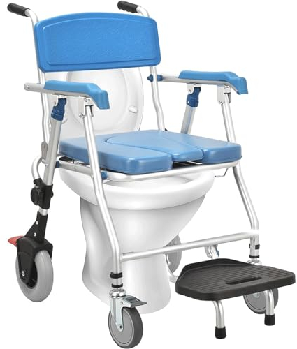 Sedia da Doccia Pieghevole con Rotelle, Sedia WC Comoda per Anziani Disabili, Sedia da Toilette Mobile con Freno e Vasino, Sgabello Bagno Doccia, Impermeabile e Antiscivolo