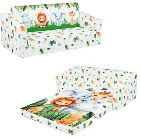 decalsweet Kindersofa Ausziehbar Klappsofa 2 in 1 Extra Große, Kindercouch mit Stofftasche und rutschfeste Matte für Mädchen Jungen, Kindersessel Spielsofa Wohnzimmer Kinderzimmer, Waldtiere