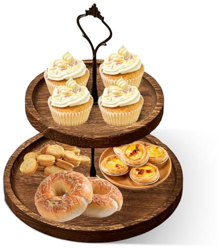 Etagere Tortenständer, Cupcake Ständer aus Holz Obst Etagere 2 stöckig Vintage Deko Holztablett Kuchenständer Halter Servierständer mit Metallgriff für Geburtstag Nachmittagstee Hochzeit Party