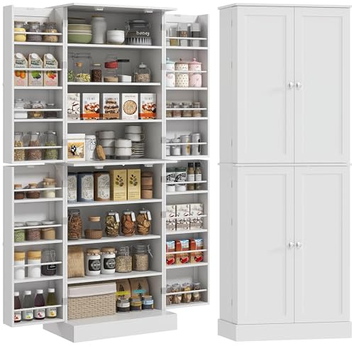 HOMCOM Armadio da cucina credenza cucina cucina stoviglie armadio stile moderno con armadietti, mensola regolabile e porta spezie per sala da pranzo, soggiorno, 60 x 35 x 166 cm, bianco