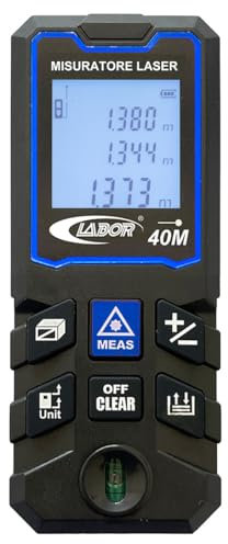 Labor Misuratore Laser Digitale Fino a 40 m – Alta Precisione ±1,5 mm/m – Display LCD Retroilluminato – Funzioni Area, Volume, Pitagora, Somma/Differenza – Corpo in ABS – Memoria 50 Misure