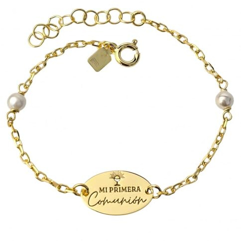 Minoplata Pulsera Mi Primera Comunión de Plata chapada en Oro con Perlas