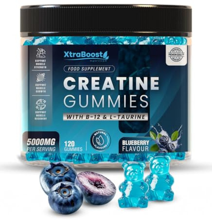 Creatine Gummies 5000mg – Blueberry, Vegan, with B12 & L-Taurine – 120 Count.