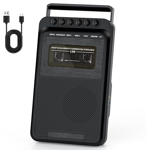 Portable Cassette Player with 3W Big Speaker Cassette Tape Recorder via Bluit-in Microphone,Cassette Tape Player with Retractable Handle，Supports External Microphone Input Power by 4 C Battery