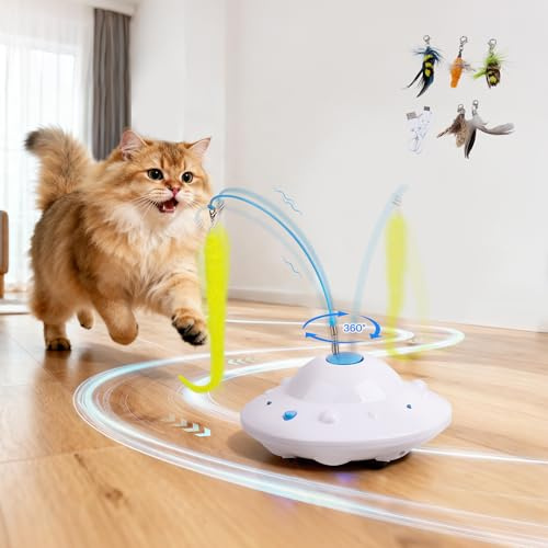 Pet Prime Interactive Cat Toys UFO Teaser for Indoor Cats Smart Auto Obstacle Avoidance Kitten Toy - 3 Play Modes 6 DIY Attachments - USB Rechargeable, Quiet Rolling