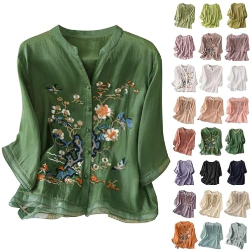 V Neck T Shirts for Women UK Linen Shirt Women Oversized Embroidery Linen Tunic Tops Retro Jacquard Short Sleeve Boho Blouse Casual Loose Fit Flowy Hem Tee Tops for UK A Green