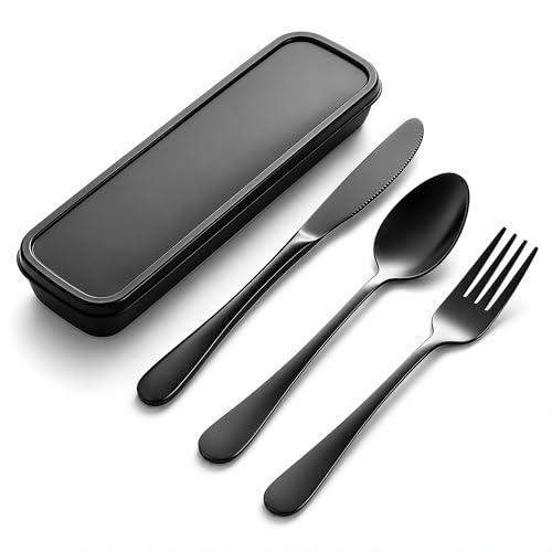 Cubiertos para Llevar 4 Piezas de Acero Inoxidable con Estuche, Set Cubiertos Camping con Cuchillo Tenedor y Cuchara, Porta Cubiertos para Llevar al Trabajo