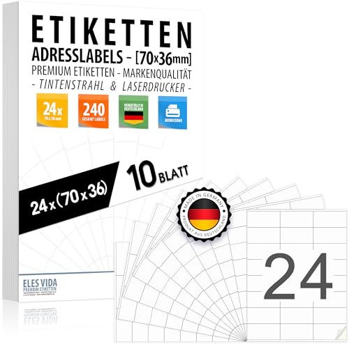 70 x 36 mm adressetiketter (240 etiketter - 10 x A4-ark) klistermärken, tryckbara, bläckstråle- och laseretiketter för adresser, paket och bokstäver, högkvalitativa adressetiketter