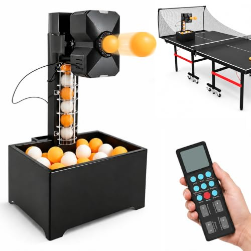 Zertylre Máquina de tenis de mesa, máquina automática de ping pong con red y control remoto, 10 modos programables, giro/velocidad/frecuencia ajustable para el hogar, práctica de club
