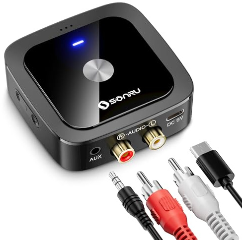 SONRU Receptor Bluetooth 6.0 HiFi, Adaptador De Audio Inalámbrico con Jack Aux 3,5 mm Y RCA,para Sistema Estéreo De Coche/Doméstico,Conexión Dual,Tiempo de Reproducción 24H