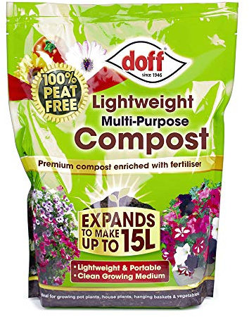 Doff Lightweight Multipurpose Compost– Expands 15L Peat-Free for Clean Re-Usable Gardening – Contains Nutrient & Retains Moisture – Coco Coir Compost Enriched with Fertiliser – Indoor & Outdoor Plants