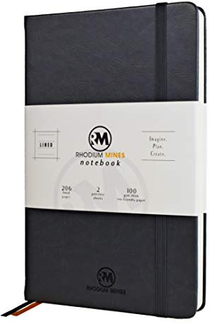 Rhodium Mines A5 Notebook, Lined, (20.8cm x 13.1cm), Hardback | Premium 100gsm Thick Ivory Paper, Classic Ruled Writing Journal, Hardcover, PU Leather, (SLATE GREY)
