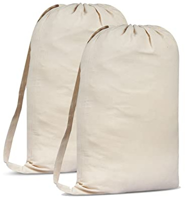 SweetNeedle Pack of 2 Heavy Duty X-Large Laundry Storage Shopping Bag, 30 x 22 IN 40L - 100% Cotton, Highly durable, Draw-cord with cord-lock, Machine Wash and reusable Travel Bag - Natural