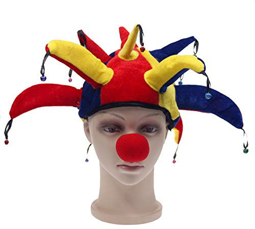 SIQITECHUK Halloween Clown Hat with 13 Colourful Bells and Foam Nose Jester Cap Halloween Clown Prop Headwear for Adults Halloween Party Carnival Cosplay Party Costume Props Fancy Dress Accessories