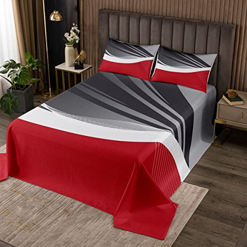 Rot Grau Tagesdecken-Set 240×220 cm,Abstrakte Linien Ripple Bett-/Sofabezug 3-teilig für Mädchen Teens,Wellenmuster Retro-Steppdecken-Set mit 2 Kissenbezügen, Weiches Polyester