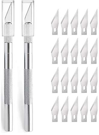 2 Stück Cutter für DIY Art Work Cutting, Skalpell mit 20 Ersatzklingen, Bastelmesser Cuttermesser Hobbymesser Schnitzmesser Caving, Skulptur, Fensterfolie, Lackschutzfolien (Silber)