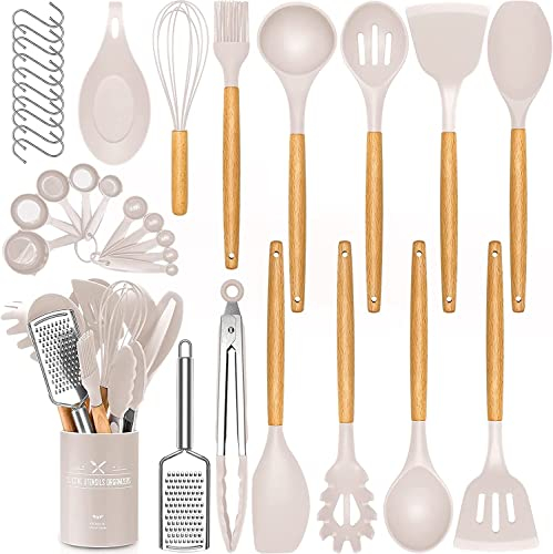 Set di 34 utensili da cucina in silicone, resistenti al calore, con manici in acciaio inossidabile di alta qualità, per cucinare e cuocere, spatole antiaderenti, utensili da cucina (khaki)