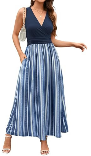 OUGES Sommerkleid Damen Ärmellos V-Ausschnitt Kleider Casual Boho Kleid Maxikleid mit Taschen (Floral03-3142, L)