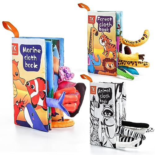Baby Bücher Spielzeug mit Tierschwänzen,3D Bilderbuch Weiches Stoffbuch,Baby Sensorik Aktivität Hängespielzeug 0-6 Monate,Neugeborene Interaktive Spielzeug Geschenke für Jungen und Mädchen 6-12 Monate