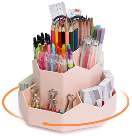 FRETONBA Rotatif Pot a Crayon, Organiseur Bureau Rotatif, Rotation à 360 DegréS Organisateur De Bureau Rangement Stylo, Porte-stylos de Bureau avec 9 Compartiments, Rose
