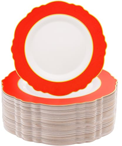 WDF 60pcs Red Plastic Plates with Gold Rim - 10.25inch Red Dinner Plates Disposable Plates Table Decor for Wedding Party Birthday