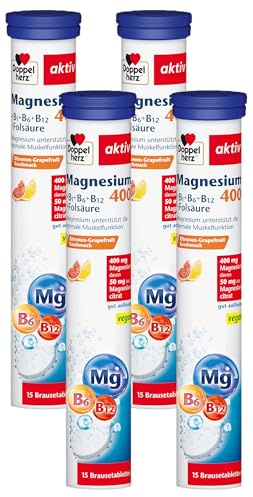 Doppelherz Magnesium 400 + B1 + B6 + B12 + Folsäure - Magnesium als Beitrag für die normale Muskelfunktion - vegan - 15 Brausetabletten mit Zitronen-Grapefrucht-Geschmack (Packung mit 4)