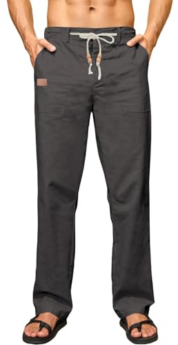 Elegancity Leinenhose Herren Sommerhose Yogahose Leichte Baggy Jogginghose Lang Stoffhose Herrenhosen Urlaub Freizeithose mit Kordelzug und Taschen Grau M