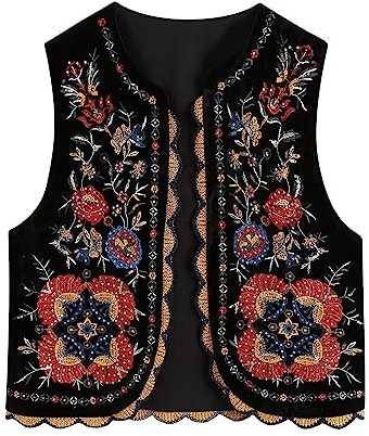 Alaurbeauty Chaleco floral con bordado vintage para mujer, Y2K, sin mangas, camiseta abierta, chaleco floral, cárdigan, chalecos, ropa de calle de lino, Negro , L