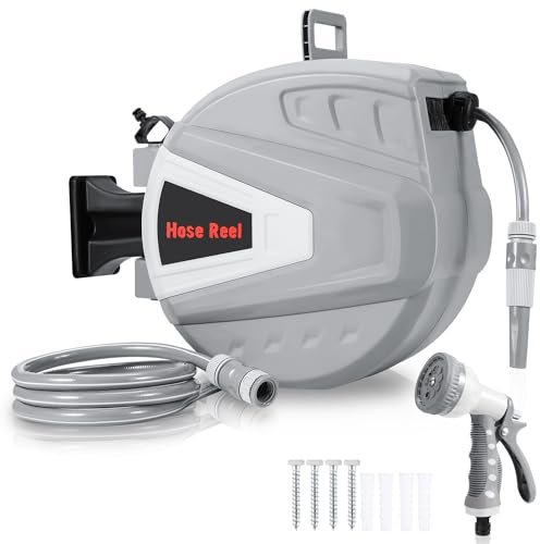 Herrselsam Schlauchtrommel Wasser 20m Automatische Schlauchaufroller Inkl. Multi-Handbrause Schlauchtrommel mit Wandhalterung 180° Schwenkbar Gartenschlauch