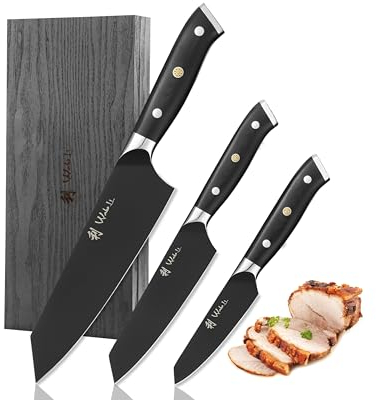 Wakoli Titanium Noir Set of 3 Knife Set, G10 Handles, in Wooden Box, Premium Stainless Steel Kitchen Knife Set & Professional Chef’s Knives, Finger Guard in Gift Box
