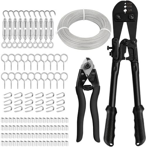 TooTaci 1/8 Stainless Steel Cable Kit, 150ft 1/8 Wire Rope with Crimping Tool & Cutter, Turnbuckle Wire Tensioner Kit, 7×7 Strands Aircraft Cable for Deck Railing, String Light Hanging, Curtain