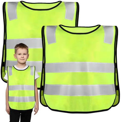 PTJJXA 2 Stück Reflektierende Weste für Kinder, Warnweste für Studierende, Sicherheitsweste mit hoher Sichtbarkeit, Reflektorweste, Atmungsaktive Leuchtweste für 3-12 Jahre (Grün)