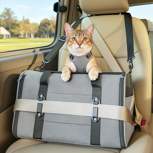 Petsfit Sac de Transport Chien Chat avec Harnais Sécurisé et Sangle Réglable - Caisse de Transport Auto avec Coussin Amovible, Sac Transport Pliable et Respirant pour Animaux, Gris