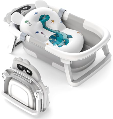 Baby Bath Tub Foldable, Baby Bath Essentials for Newborn with Non-Slip Mat Collapsible Toddler Bathtub Baby Bathtub Newborn to Toddler 0-24 Months Portable Travel Multifunctional Baby Bath Tub, Grey