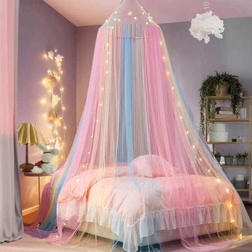 UZSUZZ Moskitonetz Bett Prinzessin Regenbogen Betthimmel Egenbogen Baldachin für Doppelbett Einzelbett Baldachin Kinderzimmer Prinzessin Regenbogen Betthimmel für Reisen und zu Hause Indoor Outdoor