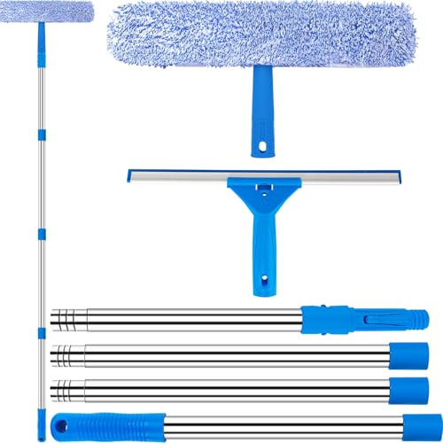 Fensterputzer mit Teleskopstiel 138 cm, Professioneller Teleskop Fensterwischer mit Squeegee und Mikrofasertuch, Fensterreiniger mit Teleskopstange für Bad, Dusche, Glas, Spiegel, Auto