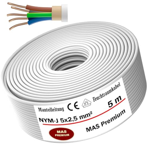 MAS Premium Câble d'alimentation NYM-J pour pièces humides 5 à 200 m - Câble électrique gainé NYM-J 3 x 1, 5 2,5 4 6 10 ou 5 x 1,5, 2,5 4 6 10 16 - Câble électrique pour pose fixe (NYM-J 5 x 2,5 mm²,