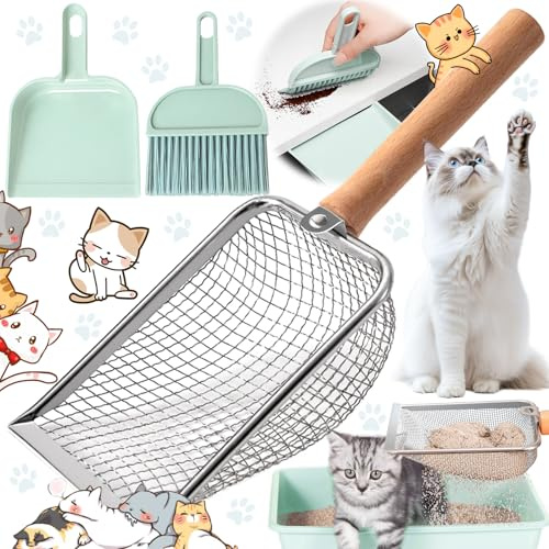 Weploda 3 Piezas Pala Arena Gatos Set, Pala Arenero Gato De Meta, Antiadherente Metal Recogedor Arena para Gatos, Pala para Gatos Acero Inoxidable Malla De 2.5mm, para Gatos, Perros, Conejos