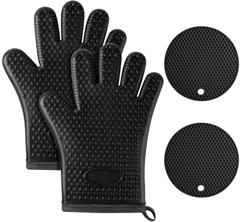 AUAUY 1 Pair Oven Mitts, Silicone Oven Gloves Heat Resistant 464°F, BBQ Gloves with Fingers, Non-Slip Oven Gloves with 2 Pot Holders, Cooking Gloves for Grilling Kitchen Baking Oven Microwave, Black