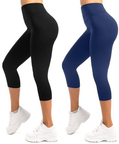 SINOPHANT 3/4 Leggings Donna Vita Alta Elasticizzati Opachi Taglie Grandi Leggings 2 Pack Nero/Marina L-XL