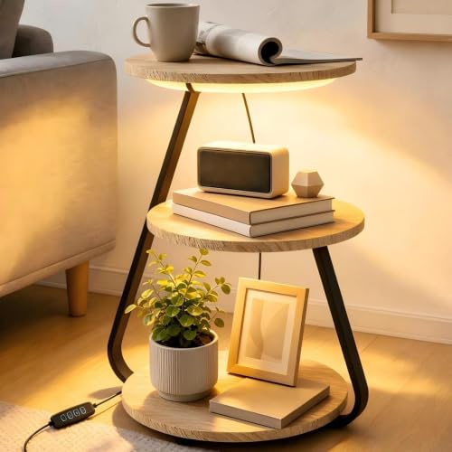 ARTETHYS Side Table, Small Round Coffee Table, Oak | 3 Color LED Lights, Bedside Sofa Side Tables for Living Room, 3 Tier Storage Shelves, End Tables with Adjustable Feet