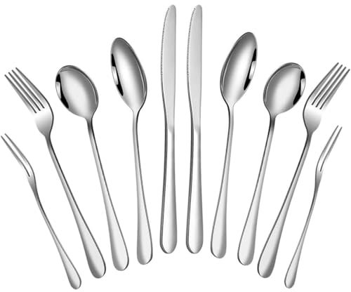 10-teiliges Besteckset, elegantes Silberbesteck-Set, Edelstahl-Utensilienservice für 2, inklusive Messer/Gabel/Löffel, hochglanzpoliert, spülmaschinenfest