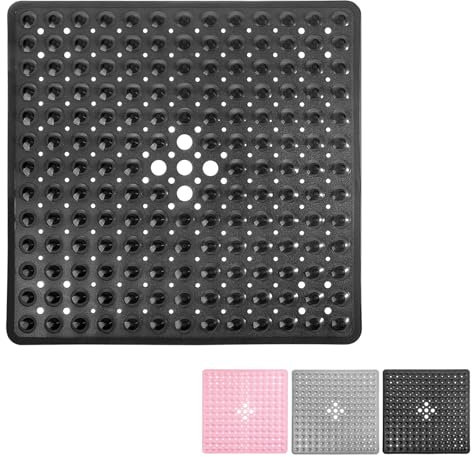 Tappetino da bagno per doccia, anti muffa, tappetino da bagno antiscivolo per vasca, tappetini da doccia con ventose, fori di scarico, lavabile in lavatrice, vasca (Nero, Quadrato 53 * 53 cm)