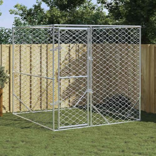 Hundezwinger Outdoor mit abschließbarer Tür, Hunde-Laufstall, Haustier-Spielgehege für Hinterhof, Garten, 200 x 200 x 200 cm Silbern Verzinkter Stahl