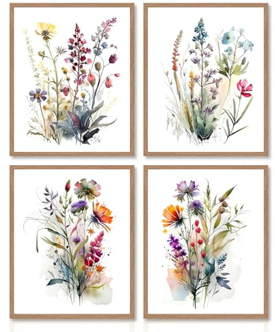 Dazzlewall 4 Stück Aquarell Wand Kunstdruck, Bunte Florale Botanische Kunstwerk Druck, Minimalistische Wanddekoration für Schlafzimmer Wohnzimmer Badezimmer, 18x10 zoll Ungerahmt