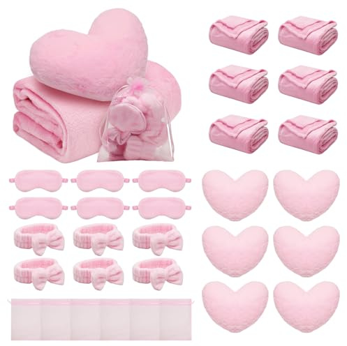 Yocdunm 30 pcs Kids Sleepover Party Supplies Set for Girls 6 Throw Blanket 6 Spa Headband 6 Heart 6 Sleep Eye Mask 6 Organza Bag for Spa Birthday Slumber Party Favors Supplies